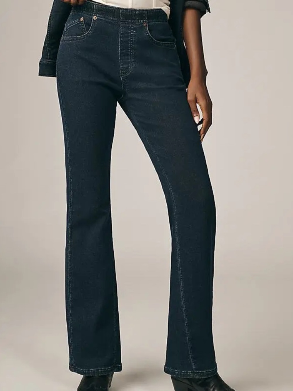 Anthropologie Pilcro Essential Low-Rise Pull-On Knit Flare Jeans in Dark Denim - Picture 2 of 5